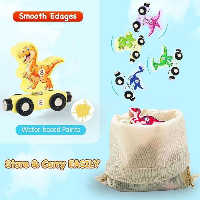 Magnetic Wooden Dinosaur Train Set Montessori Preschool Educational Car Toys for Baby Toddlers Infants Boys Birthday Gifts
