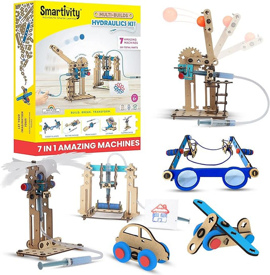 Smartivity 7 in 1 Multi-Builds Hydraulic Kit Toy for Kids 6-14 Years Old I Cool Birthday Gifts Ideas for Boys & Girls | DIY STEM Science Toys for 6,7,8,9,10,11,12,13,14 Years I Wooden Engineering Game