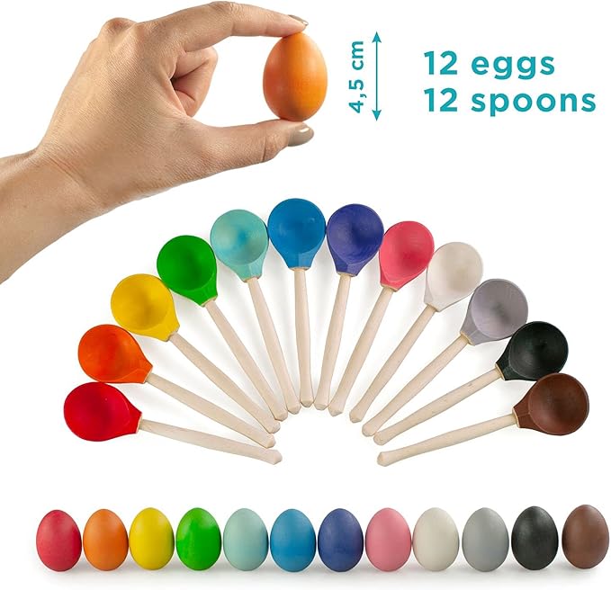 Ulanik Eggs and Spoons Toddler Montessori Toys for 1 Year Old + Kids Wooden Eggs Baby Matching Game for Learning Color Sorting and Counting — 12 pcs, 1.8 in