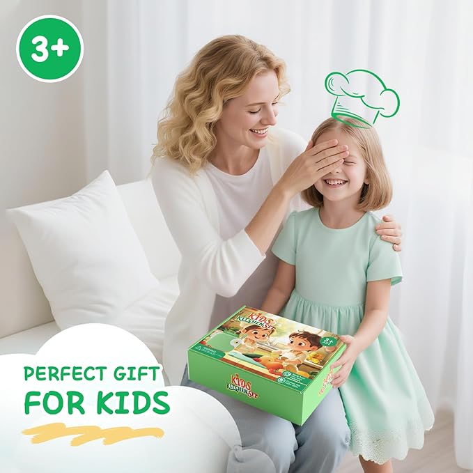 Kids Kitchen Knife Set for Real Cooking with Storage Box Green, Montessori Kitchen Toy with Cutting Board, Plastic Toddler Knives, Peeler, Wooden Safe Knife for Age 3 4 5 6 7 8