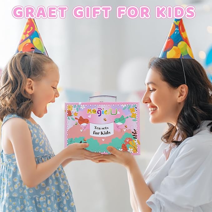 Tea Party Set for Little Girls, Tin Tea Set with Gloves Fan Necklace Bracelet Dress Up Accessories, Princess Tea Time Toys, Kitchen Pretend Play Toy, Birthday Gifts for Kids Toddler Age 3-8