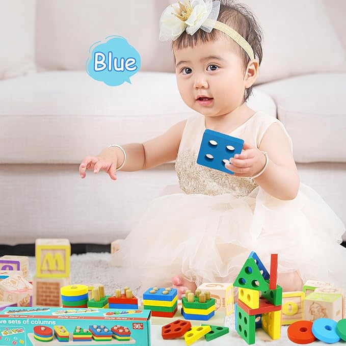 Shape Puzzles Wooden Puzzles for Toddlers 1-3, Color Shape Sorter Stacking Matching Sensory Toys Educational Learning Puzzle Toys for Boys Girls Preschool Birthday, Multicolor