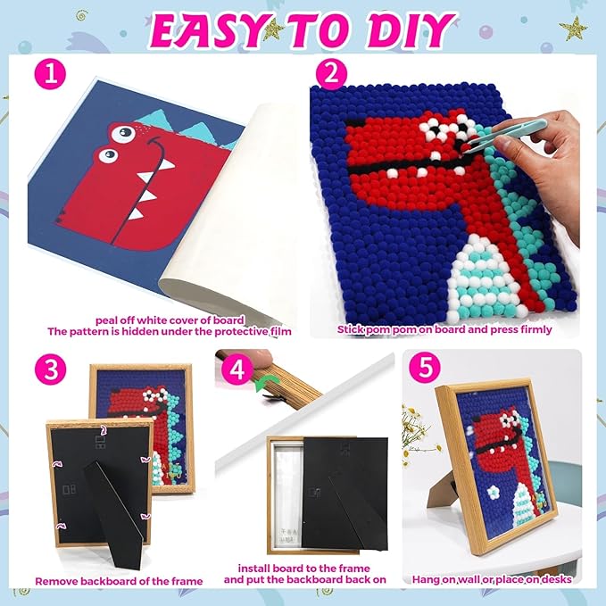 URSDIART Dinosaur Pom Poms Craft Supplies, Pom Poms Art Craft Kits for Ages 8-12,6-9,15 Years+, DIY Pom Pom Painting Art Kit,Classroom Bulk Craft Supplies for Kids & Adults,Beginners