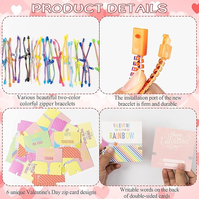 OuMuaMua 30Pcs Valentines Day Cards Gift for Kids Classroom - Valentines Cards with Fidget Zipper Bracelets Toy for Kids Valentine’s Day Classroom Exchange Valentines Party Favors