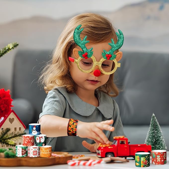 148 Pcs Christmas Party Favors, Glitter Glasses, Pop Fidget Toys Keychain, Make a Face Sticker, Assorted Stamps Self-Ink Stamper, Slap Bracelet, Christmas Sticker, Christmas Toy Gift for Kid