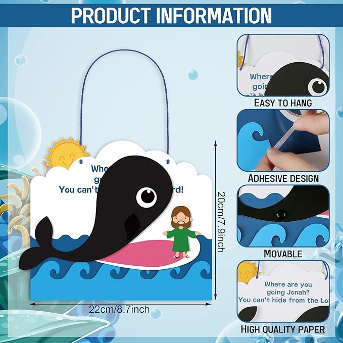 Wenqik 48 Pcs Jonah and The Whale Craft Kit DIY Christian Sunday School Crafts Jonah and The Whale Decorations Make Your Own Jonah and The Whale Set for Kids Classroom Fun Activities Art Supplies