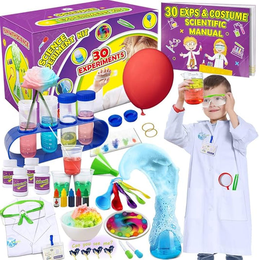 UNGLINGA 30 Experiments Science Kit for Kids with Lab Coat, Chemistry Set STEM Toys Birthday Gifts for Boys Girls, Scientist Costume Role Play Tools Educational Learning Set