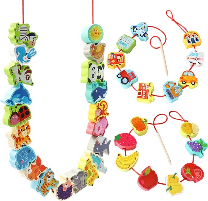 BMTOYS Wooden Lacing Beads Montessori Educationa Threading Learning Toys for 3+ Year Olds Preschool Activities Stringing Toys for Boys Girls