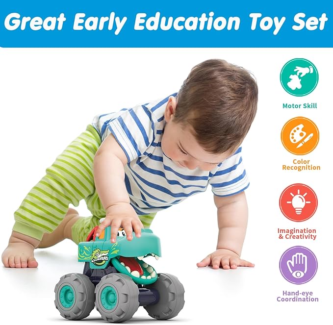 MOONTOY Toy Cars for 1 2 3 Year Old Boys, 3 Pack Friction Powered Cars Pull Back Toy Cars Set - Bull Truck, Leopard Truck, Crocodile Trucks, Push and Go Toy Cars for Toddler Boys Baby Gift.
