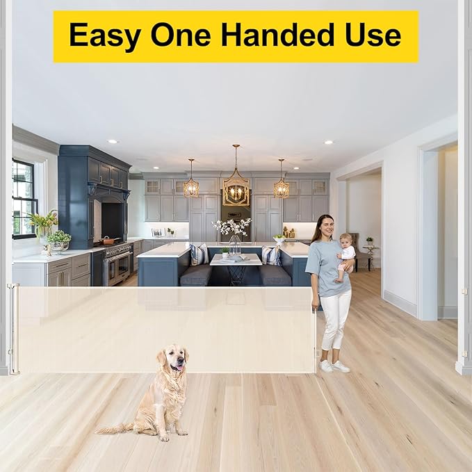 175 Inch Extra Wide Retractable Baby Gates for Large Openings, Extra Long Retractable Dog Gate for Doorways 33" Tall Mesh Pet Gate for Wide Openings Large Baby Gate for Indoor Outdoor (Beige)