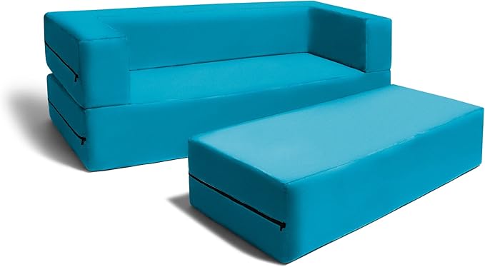 Jaxx Zipline Kids Sofa & Large Ottoman, 3 in 1 Fold Out Sofa, Big Kids Edition, Teal