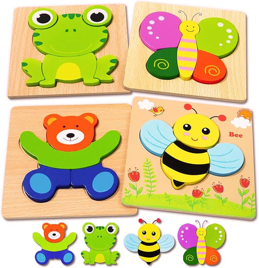 Bekayshad Wooden Puzzles Toddler Toys Gifts for 1 2 3 Year Old Boys Girls, 4 Pack Animal Jigsaw Puzzles Montessori Toys, Learning Educational Christmas Birthday Gifts for Girls Boys Ages 1-3