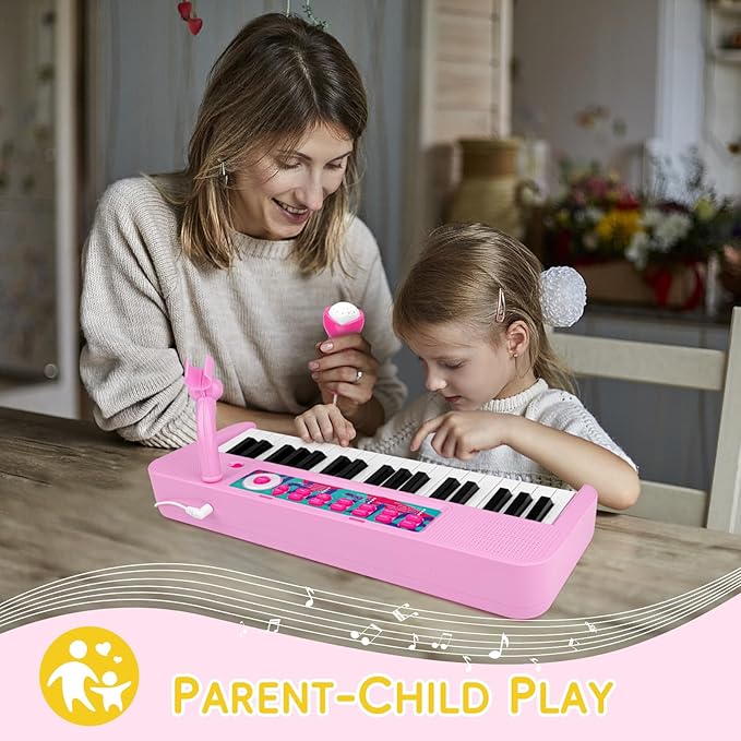 Amy&Benton Birthday Gift for 3 4 5 6 7 Year Old Girls Piano Toy with Stood for Girls 3-5 Pink Music Keyboard Toy 37 Keys with Chair