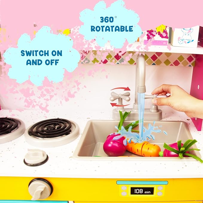 Kitchen Playset for Kids Ages 3-8, Wooden Pretend Play Kitchen, Including Telephone, Ice Maker, Refrigerator, Dimensions: 35” H x 31” W x 12” D (Colorful)