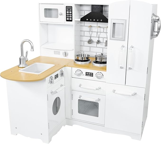 Sunnydaze Cozy Corner Interactive Play Kitchen Set for Kids - Wooden Kitchen Playset with Stainless Steel Accessories - White