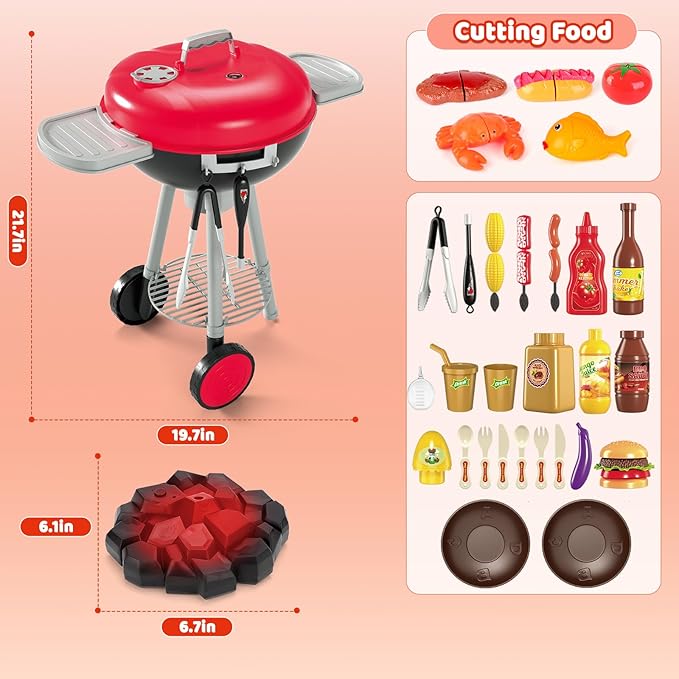 deAO Kids BBQ Grill Playset, Kitchen Toy Set with Pretend Smoke, Light, Sound Toy Kitchen Accessories,Indoor Outdoor Cooking Toy for Boys Girls Kids, for Kids