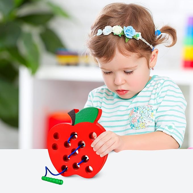 Lacing Toys for Toddlers - Wooden Lacing Apple Threading Toy, Shape Puzzle Fun Travel Game for Montessori Early Learning of Fine Motor Skills Lacing Toy, Educational Gift for Boys and Girls Ages 3-5