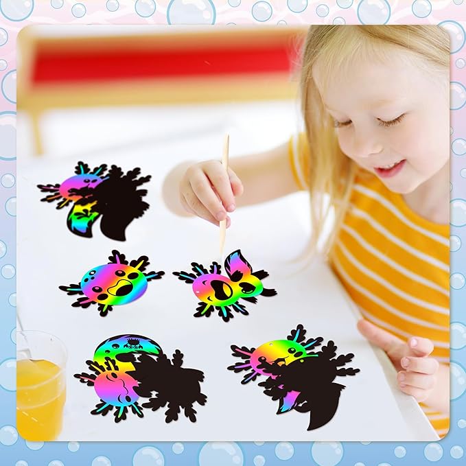 B1ykin 60Pcs Axolotl Scratch Card Gifts Ornaments Set, DIY Magic Axolotl Scratch Cards Craft Kit for Kids, Black Hanging Tags Party Favors for Birthday School Classroom Art Activity