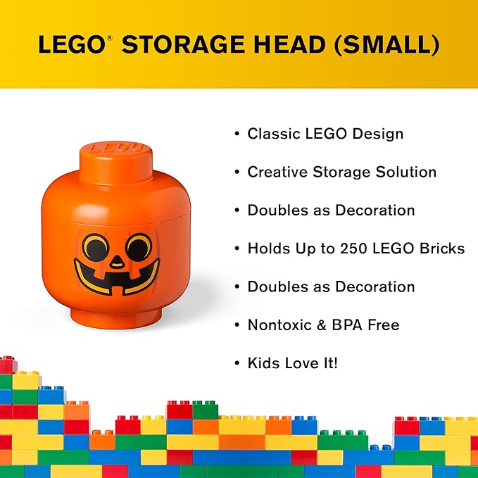 Room Copenhagen, LEGO Storage Heads Stackable Storage Container - Buildable Organizational Bins for Kid’s Toys and Accessories - 6.30 x 6.30 x 7.28in - Small, Pumpkin, Holds 250 Bricks