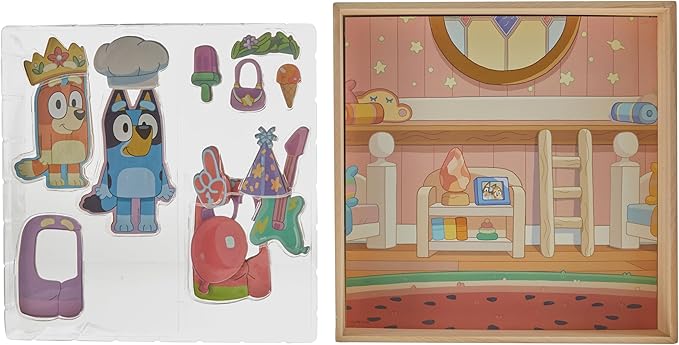 Horizon Group USA Bluey Magnetic Wooden Playhouse, 18 Piece Activity Set, Includes 2 Wooden Dolls House, Great Toys for Kids, Fun Birthday Party Activity, House Playset