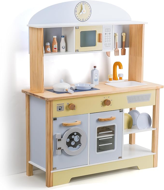 Kitchen Playset for Kids Ages 3-8, Wooden Pretend Play Kitchen with Cooking Accessories, Dimensions: 38” H x 31” W x 12” D
