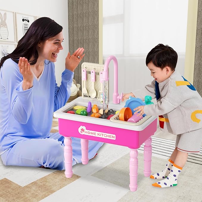 Doloowee Color Changing Kitchen Sink Toys,Electric Dishwasher Playing Toy Play Sink for Kids 3-5 with Running Water,Upgraded Faucet and Play Dishes,Pretend Play Kitchen Toys for Kids Boys Girls(Pink)