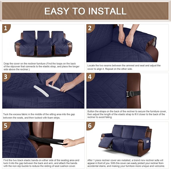 KinCam Waterproof Recliner Sofa Cover, Non-Slip Reclining Couch Covers for 3 Seat, Recliner Couch Cover Furniture Protector with Elastic Straps for Pets, Kids, Dark Blue