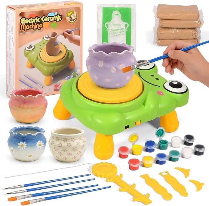 Pottery Wheel for Kids Complete Pottery Painting Kit Arts and Crafts for Kids Ages 3-12 with 4 Pack Pottery Clay,Sculpting Tools, DIY Kits Clay Maker for Beginners Art Supplies Toys for Girls Boy