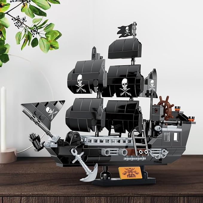 BRICK STORY Pirate Ship Building Sets Pirates Model Kits 298 Pieces Creative Black Ships Building Blocks Toys Gift for Boys Ages 6+, Pirate Themed Boat Collection Toy for Kids & Adult