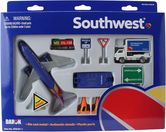 Daron Southwest Airlines Airport Playset with Die-Cast Metal Model Airplane with Plastic Parts, Cars and Transportation Toys for Kids Ages 3+