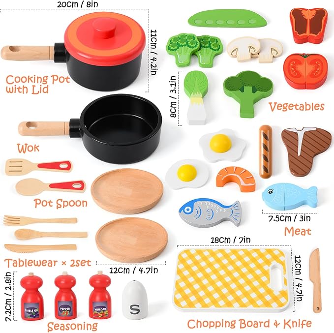 Atoylink Wooden Kids Kitchen Playset 44 Pcs Play Kitchen Accessories with Cookware, Pot, Vegetable, Fish, Play Food Set, Toddler Kitchen Toys Pretend Play Toy Gift for Kids Boys Girls Aged 3+
