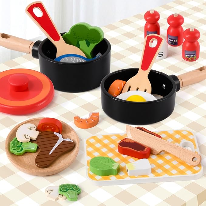 Atoylink Wooden Kids Kitchen Playset 44 Pcs Play Kitchen Accessories with Cookware, Pot, Vegetable, Fish, Play Food Set, Toddler Kitchen Toys Pretend Play Toy Gift for Kids Boys Girls Aged 3+