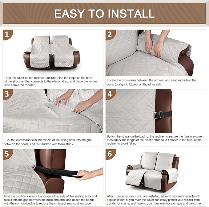 KinCam Waterproof Loveseat Recliner Cover, Non-Slip Reclining Couch Covers for 2 Seat, Recliner Sofa Cover Furniture Protector with Elastic Straps for Kids, Pets, Beige