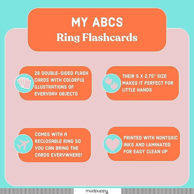 Mudpuppy My ABC's — Ring Flashcards 26 Durable Double Sided Alphabet Cards And Reclosable Ring With Colorful Art For Kids Ages 3+ Perfect For Preschool Or Travel For Teachers And Parents