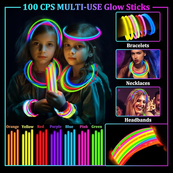 TURNMEON 148 PCS Glow in the Dark Party Supplies Light Up Toys with 24 Led Glasses, 24 Flashing Bracelets and 100 Glow Sticks Bulk Party Favors for Kid Adult Birthday Wedding Carnivals Concert