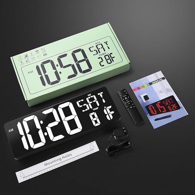 Large Digtal Wall Clock,16.5Inch LED Display Aram Clock with Auto-Dimming,Date,Indoor Temp,UP&Down Timer,12/24H System,Week,for Home Office,Kids, Gym,Classroom,Livingroom. (White)