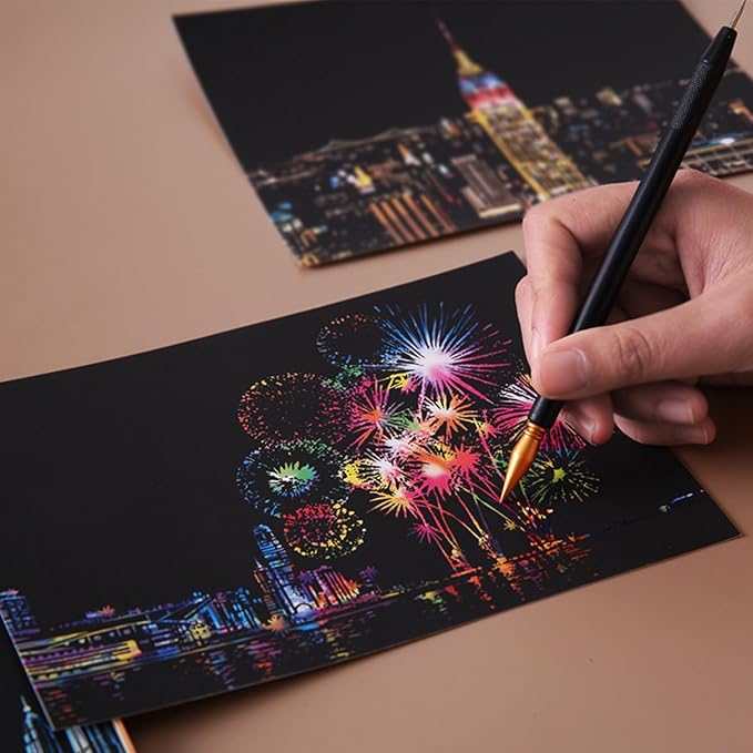 Georgie Porgy Scratch Paper Art Set DIY Arts and Crafts Kits for Kids Adults Magic Rainbow Scratch Postcards for Christmas Birthday Gift with Scratching Tools Kit (Europe Fireworks Architecture)