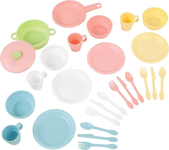 KidKraft 27-Piece Pastel Cookware Set, Plastic Dishes and Utensils for Play Kitchens, Gift for Ages 18 mo+