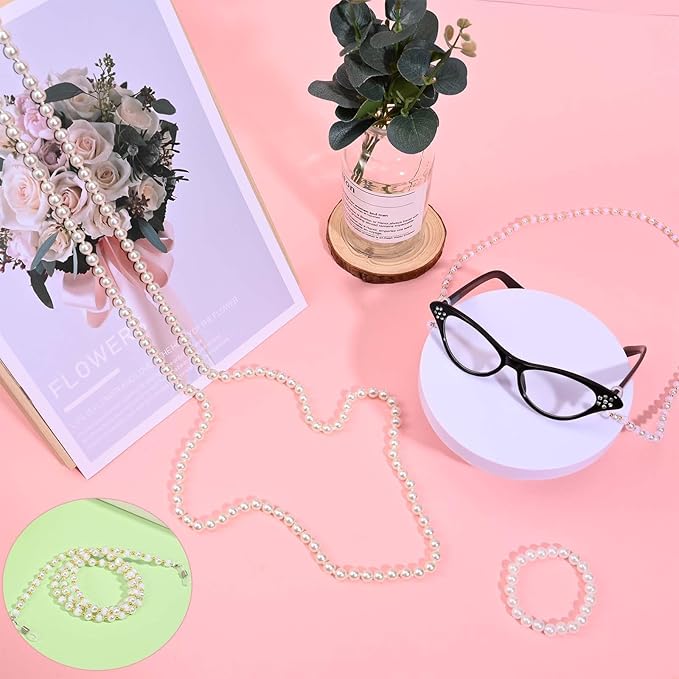 Kavoc 4Pcs Old Lady Costume Accessories Granny Grandma Dress up Eyeglasses Beaded Chain Faux Pearl Bead Necklace and Bracelet
