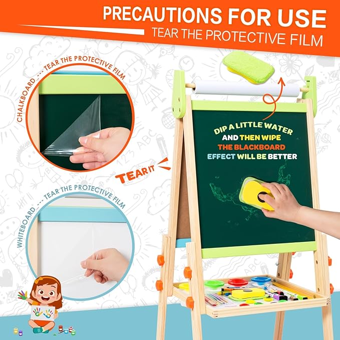 Kids Easel Including 100+ Accessories, Rundad Double Sided Wooden Easel for Kids Age 3-8 with Magnetic Chalkboard & Painting Board, Free Height Adjustable Art Easel Supplies for Toddlers