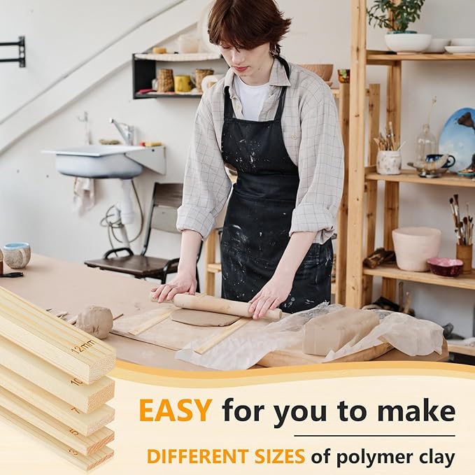 Sasylvia 10 Pcs Pottery Rolling Pin Guides Wood Teaching Rolling Mud Stick Guide Set Polymer Clay Depth Guide Pottery Tools Clay Mudboard Tools (5 Size Lengthen,Wood Color)