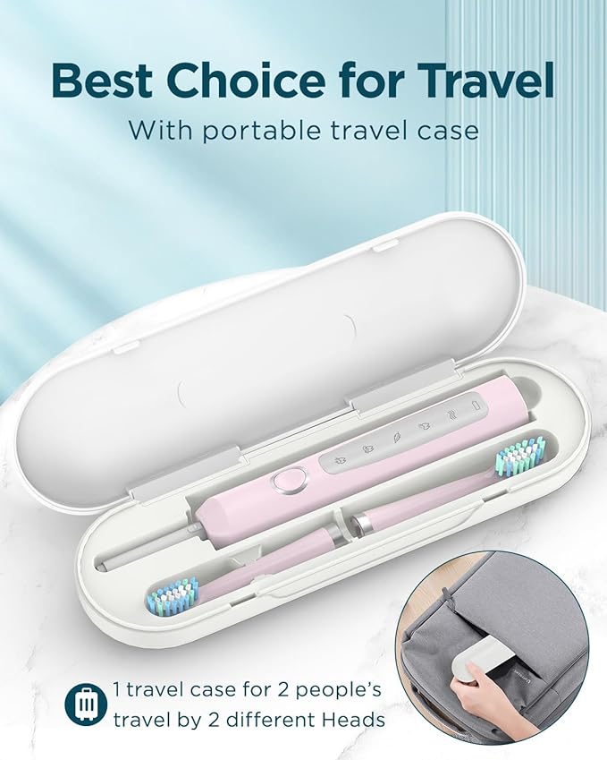 Rtauys M5 Sonic Electric Toothbrush for Adults and Kids - Rechargeable Electric Toothbrush Kids Ages 12+ and Adults with 8 Brush Heads & Travel Case, 120 Days Battery Life - Sakura Pink