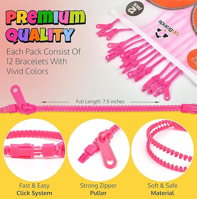 UpBrands 12-Pack Pink 7-Inch Zipper Bracelets – Thoughtful Fidget Party Favors for National Pink Day, Bulk Sensory Toys for Anxiety, and Stylish Accessories for Breast Cancer Awareness Month