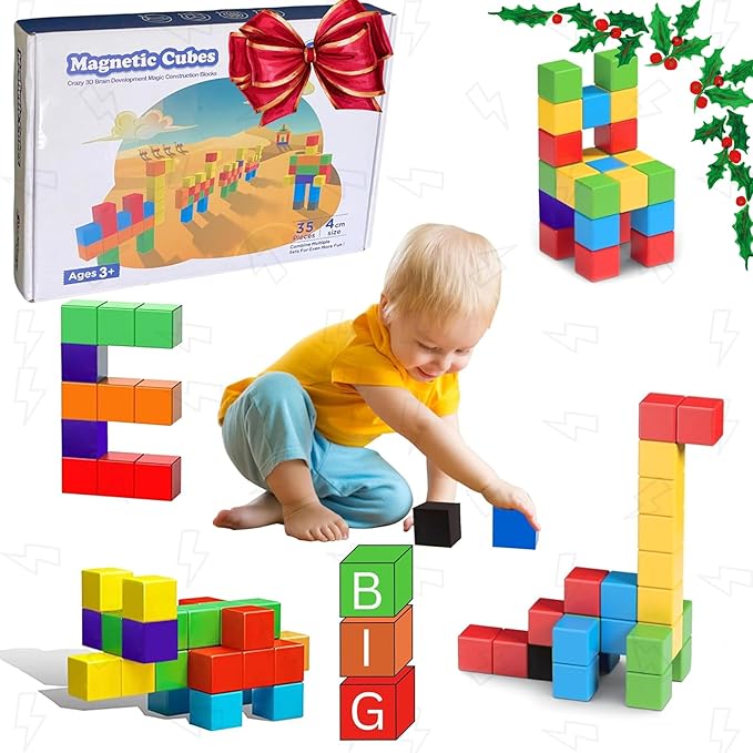Extra Large Magnetic Blocks 35 Pieces 1.57 inch 4cm Size Perfect for Kids Preschool Kindergarden Elementary Building Cubes Sensory Montessori Construction Toddlers Boys Girls Educational Sensory