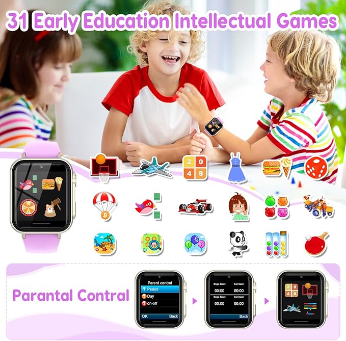 cjc Smart Watch for Kids Gift for Girls Ages 4-12 - Includes Screen Protector, 30+ Games, 140 Learning Cards, HD Touch Screen, Camera, Music, Pedometer - Fun & Educational Birthday Gift Idea (Purple)