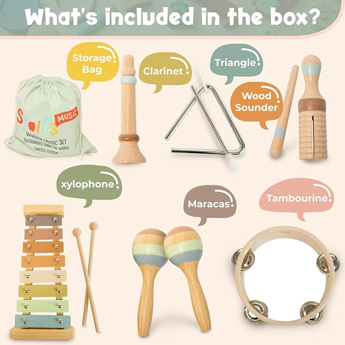 Stoie's Wooden Musical Instruments for Toddlers 1-3 - Montessori Music Toys for 1 Year Old, with Xylophone, Tambourine and More - Aids Educational Development and Creativity -Baby Musical Instruments