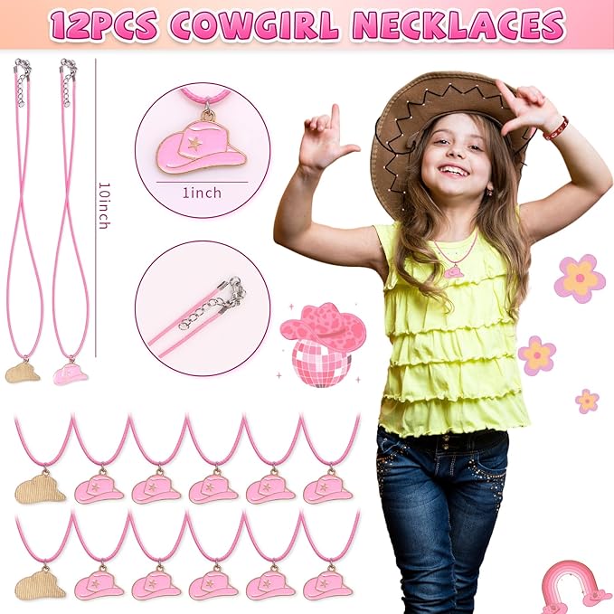 110Pcs Cowgirl Party Favors Hot Pink Princess Birthday Supplies for Girls, Cowgirl Straws Necklace Bubble Wands Silicone Bracelet Western Tattoo Stickers Rodeo Hot Pink Horse Party Favors