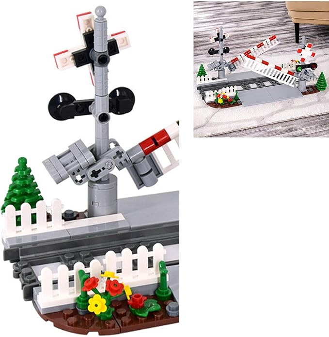 Train Tracks Building Block Set 02, City Train Track Railroad Tracks, Traffic Light Railroad Crossing Building Bricks, Compatible with Lego 853792 Accessory, Kid Gifts for Ages 6+