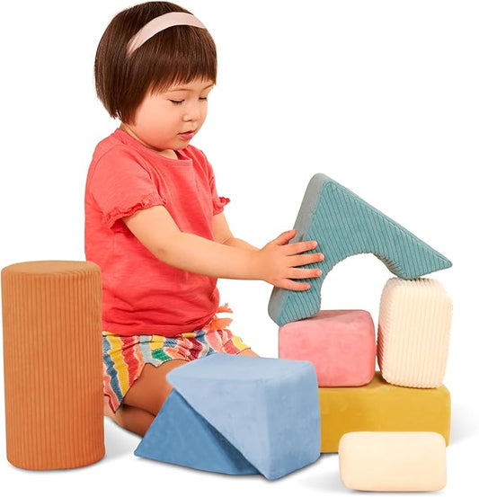 B. Toys - Sensory Foam Building Blocks for Kids - 8-Piece Textured Stacking Toys for Babies 6-12 Months - Soft Geometric Shapes with Tactile Fabric Cover - Foam Blocks for Toddlers
