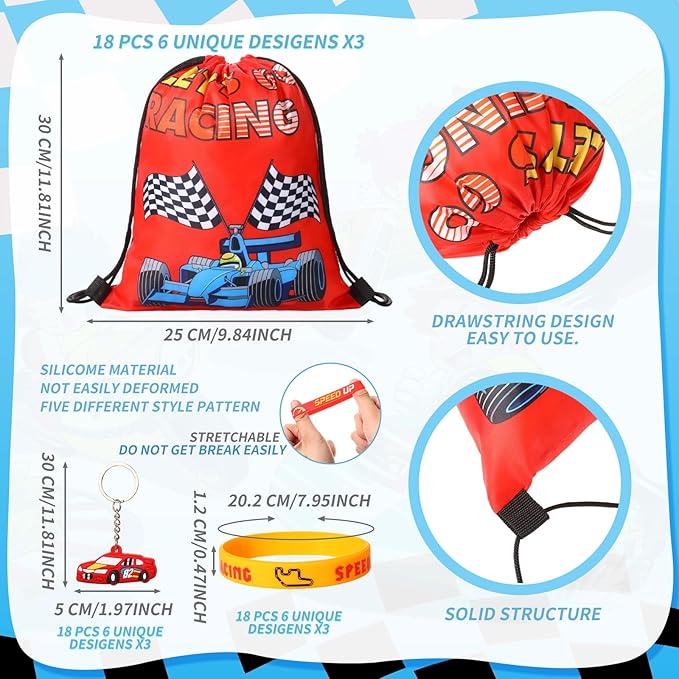 Sadnyy 140 Pcs Race Car Party Favors Birthday Party Decorations Supplies Drawstring Bags with Silicone Bracelets Keychains Straws Button Pins Stickers for Classroom Rewards Goodie Bags Stuffers